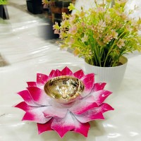 Brass Lotus Shape Akahnd Diya With Pink Petals/Oil Lamp/Kamal Patta Deepak for Puja- 6 Inch x 2 Inch (Pack of 2)